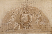 Design for a Lunette Decoration: Coat of Arms Flanked by Seated Allegorical Figures (recto and verso), Attributed to Pomarancio (Cristoforo Roncalli) (Italian, Pomarance ca. 1553–1626 Rome), Pen and brown ink, brush and brown wash, over black chalk (recto); red and black chalk, pen and brown ink, brush and brown wash, on (verso); squared in black chalk